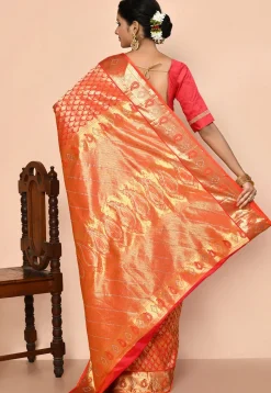 Kanchipuram Silk Embellished Saree in Coral Pink