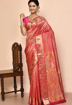 Kanchipuram Silk Embellished Saree in Coral Pink