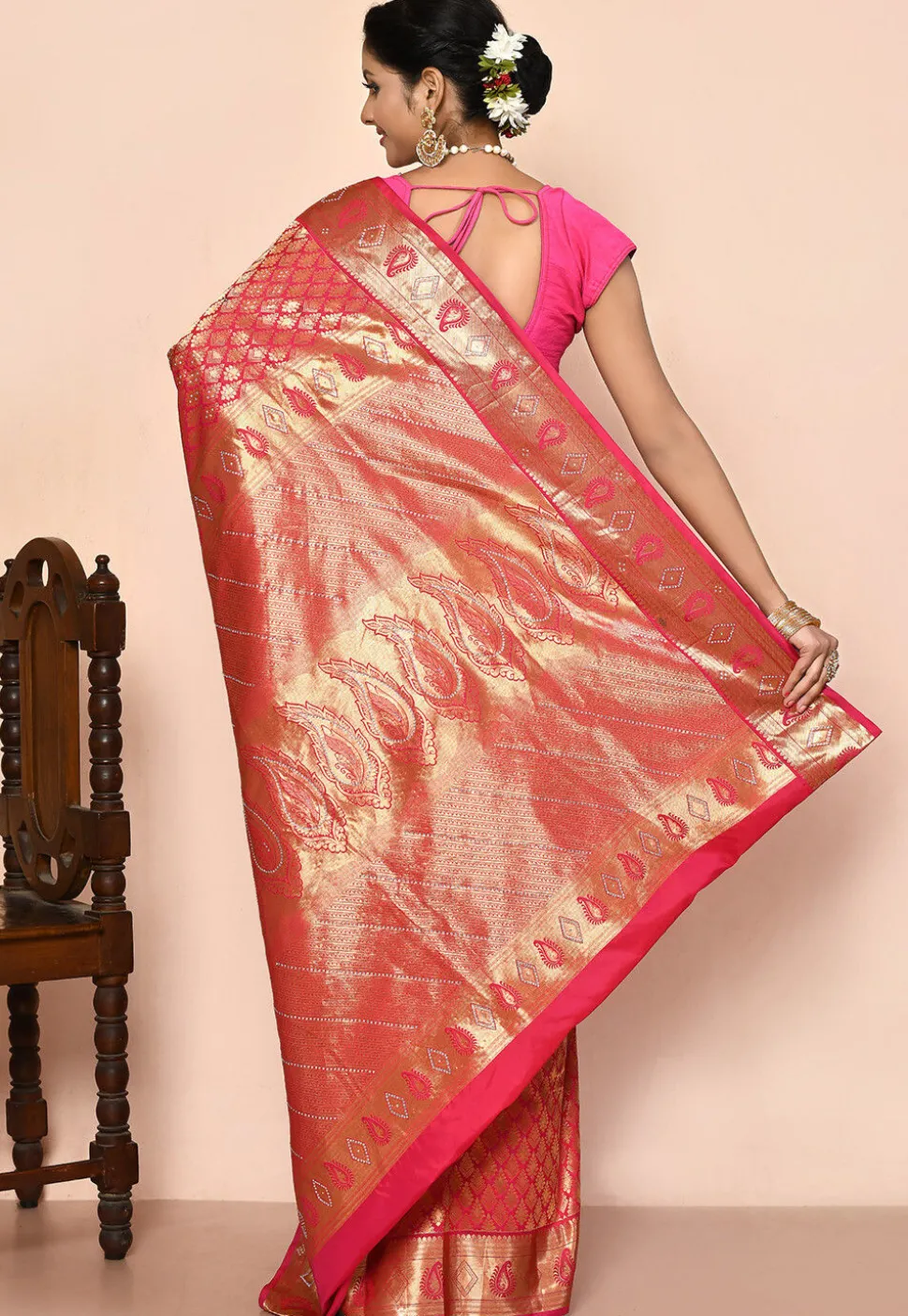 Kanchipuram Silk Embellished Saree in Coral Pink