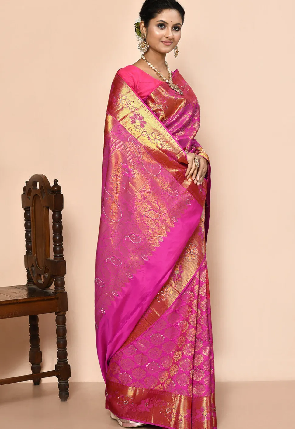 Kanchipuram Silk Embellished Saree in Pink