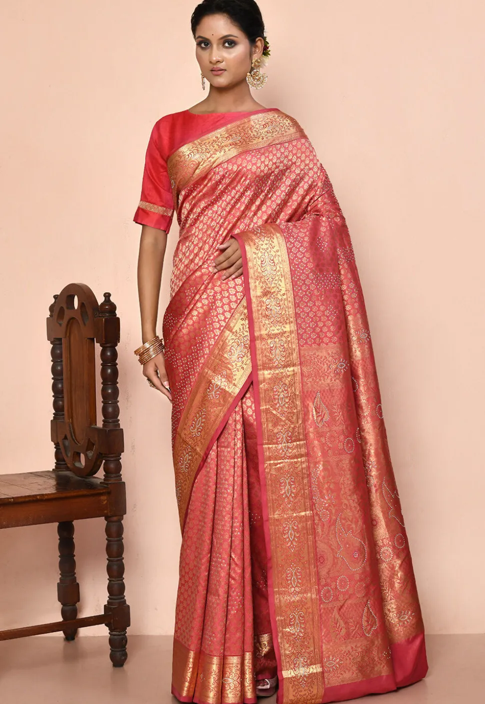 Kanchipuram Silk Embellished Saree in Coral Pink