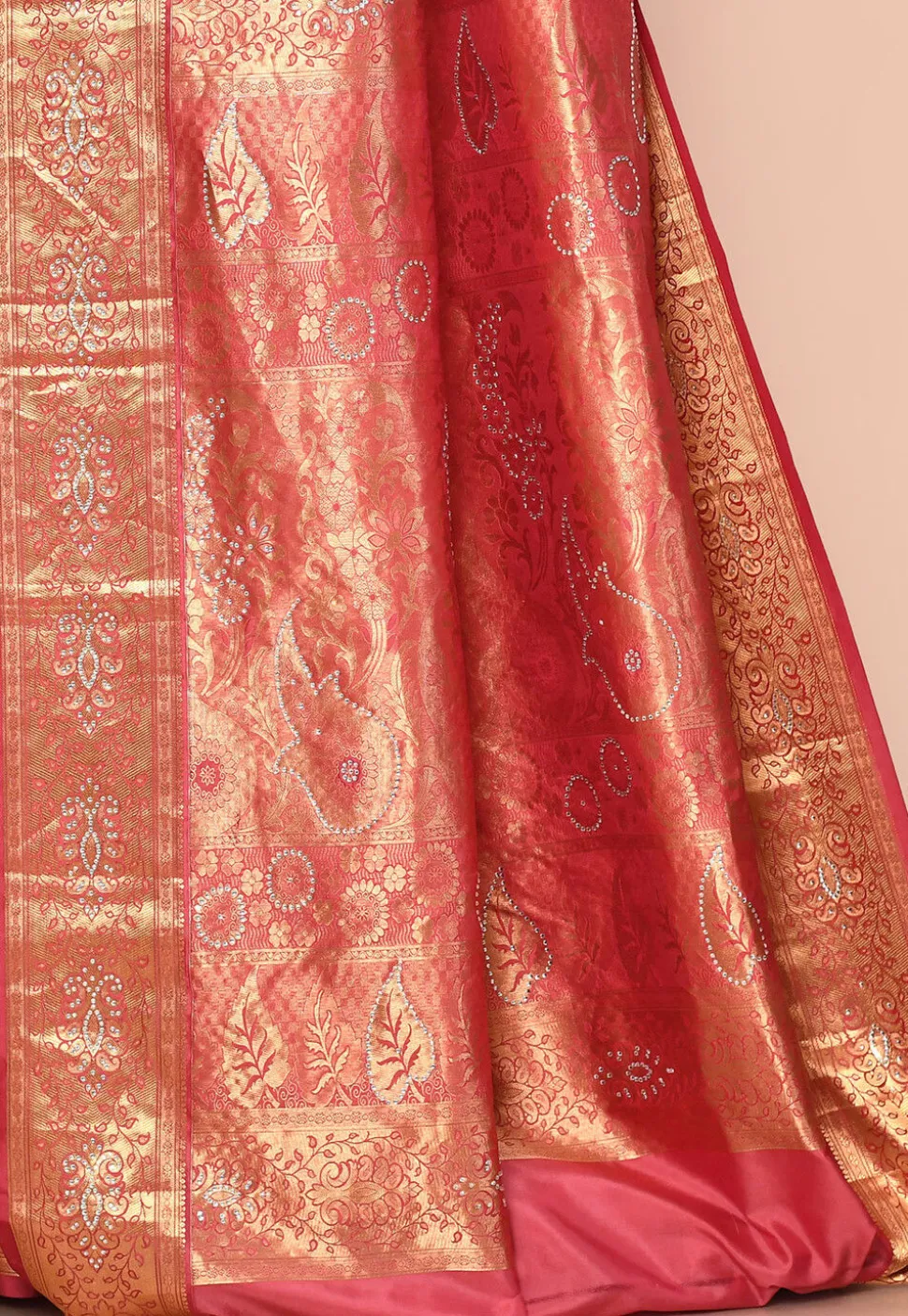 Kanchipuram Silk Embellished Saree in Coral Pink