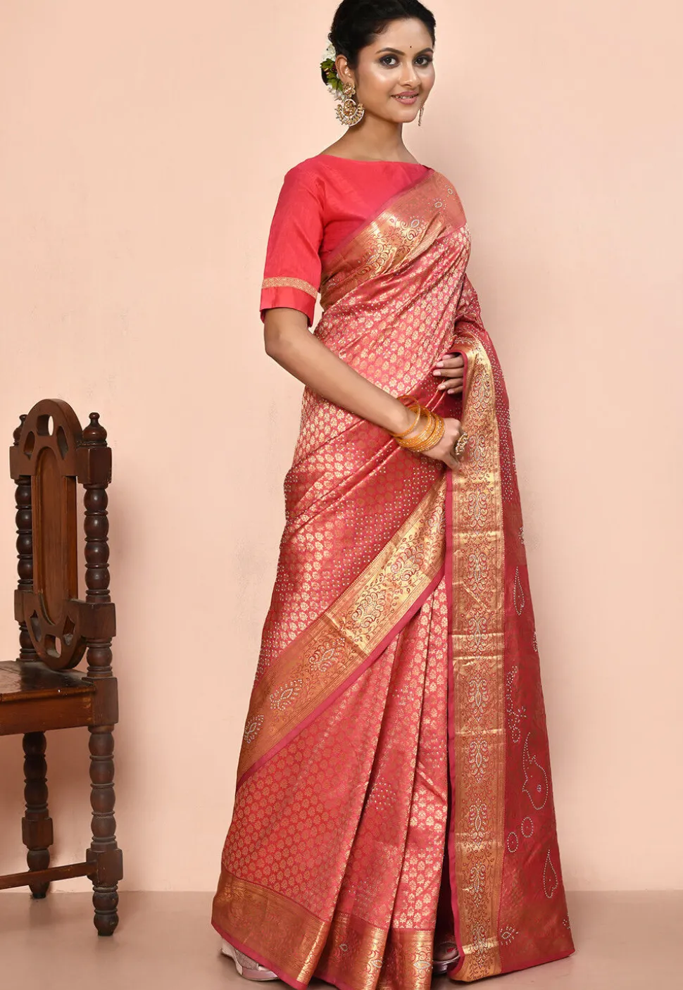 Kanchipuram Silk Embellished Saree in Coral Pink