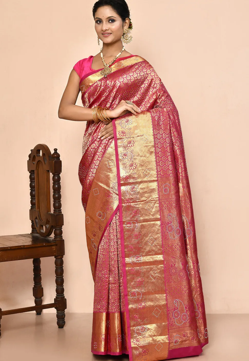 Kanchipuram Silk Embellished Saree in Pink