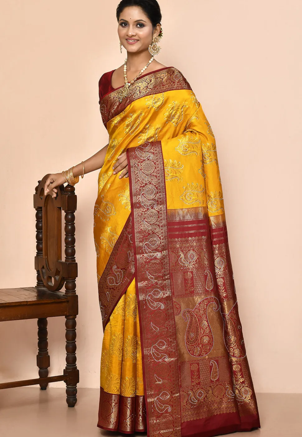 Kanchipuram Silk Embellished Saree in Yellow