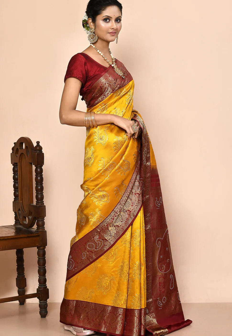 Kanchipuram Silk Embellished Saree in Yellow