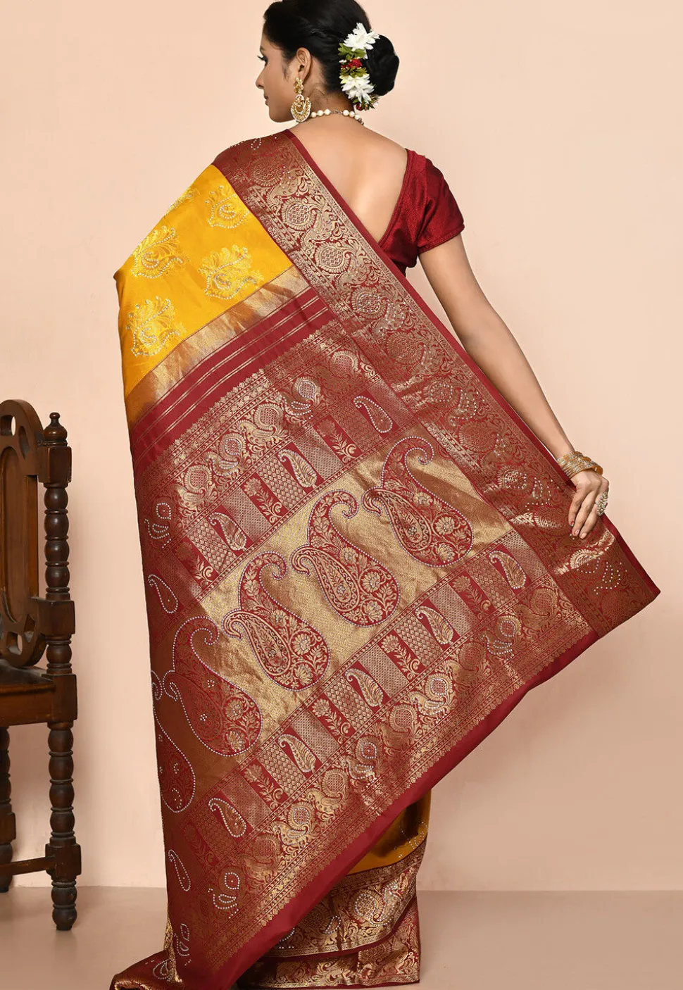 Kanchipuram Silk Embellished Saree in Yellow