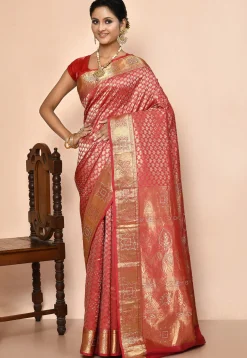 Kanchipuram Silk Embellished Saree in Coral Pink
