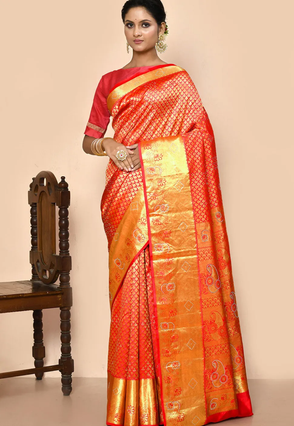 Kanchipuram Silk Embellished Saree in Red