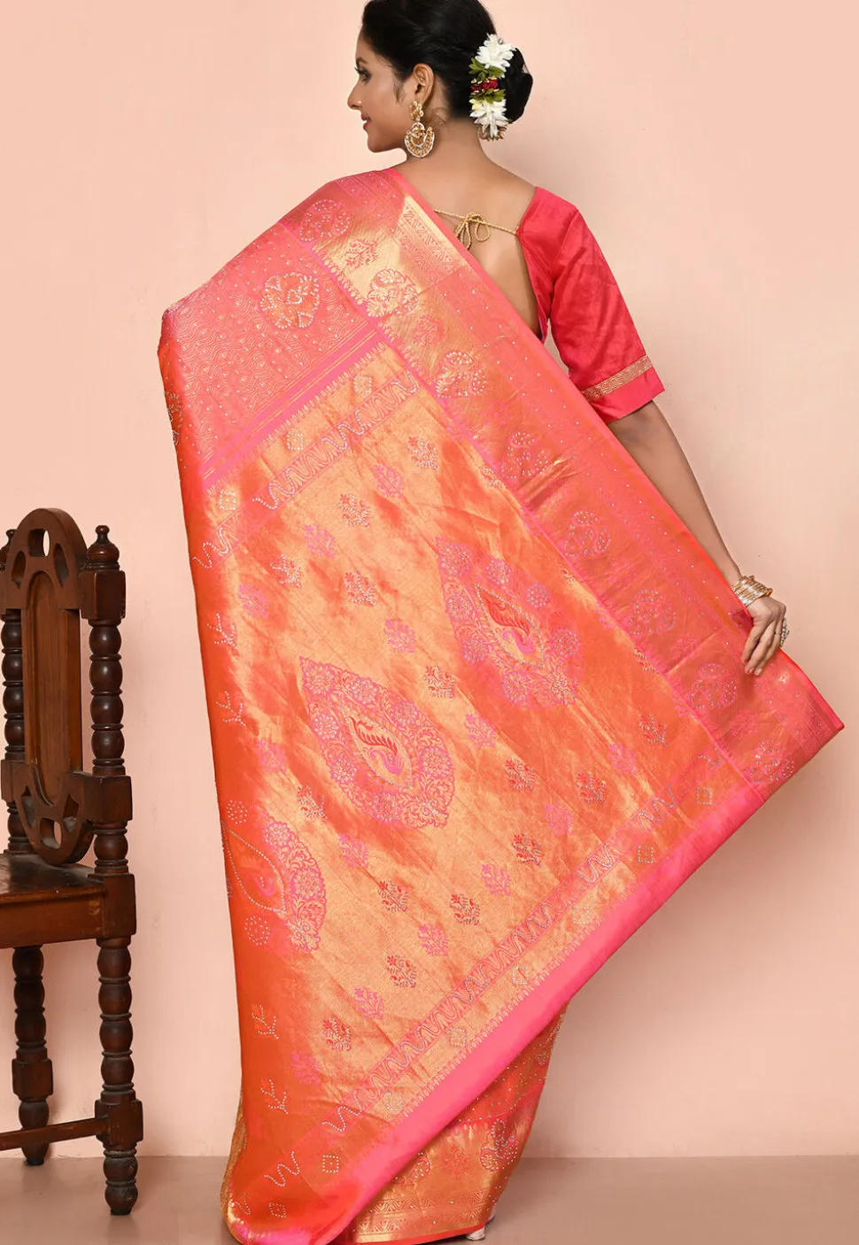 Kanchipuram Silk Embellished Saree in Peach