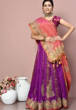 Kanchipuram Silk Two Part Saree in Orange and Purple