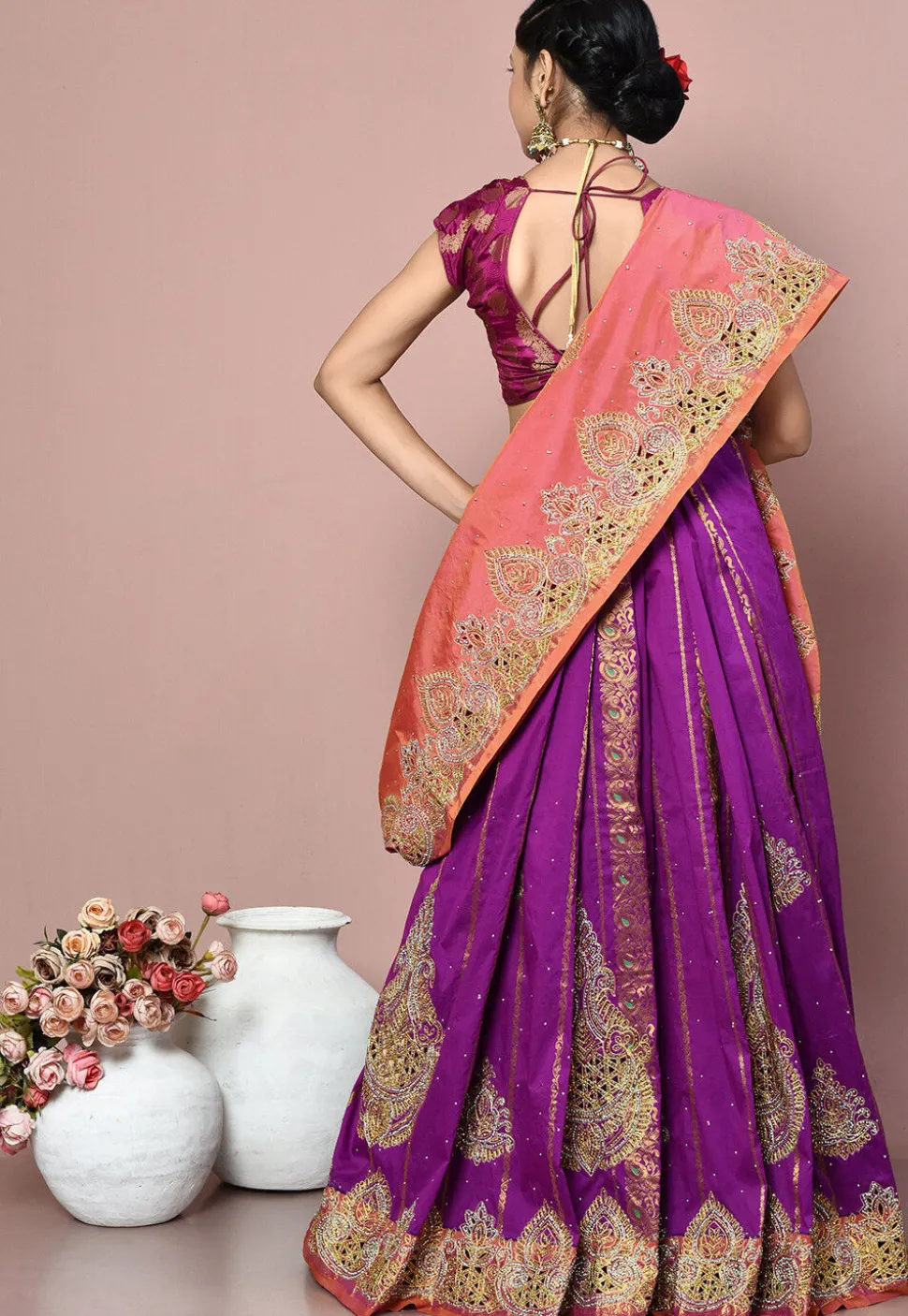 Kanchipuram Silk Two Part Saree in Orange and Purple