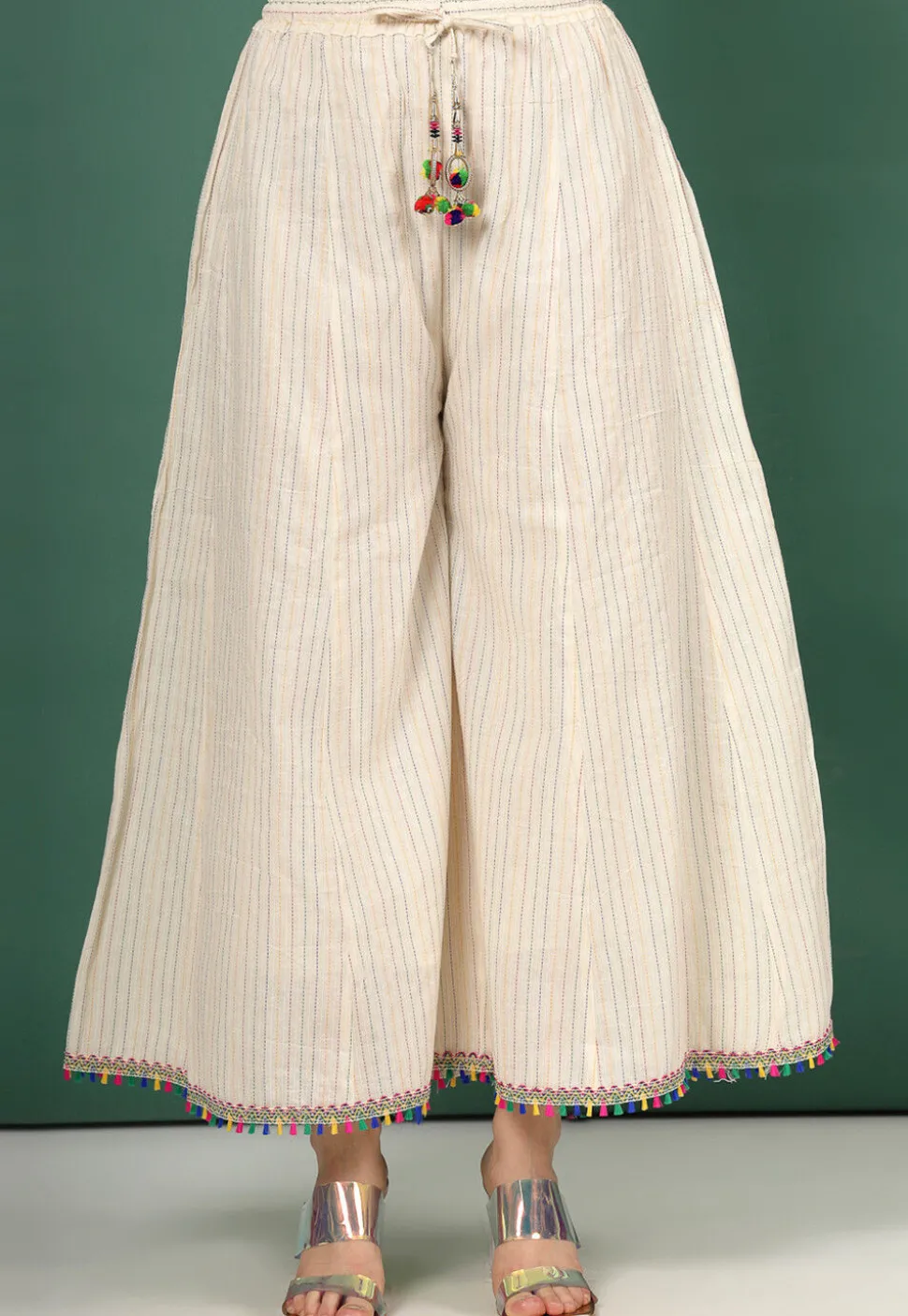 Kantha Embroidered Pure Cotton Palazzo in Cream