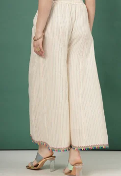 Kantha Embroidered Pure Cotton Palazzo in Cream