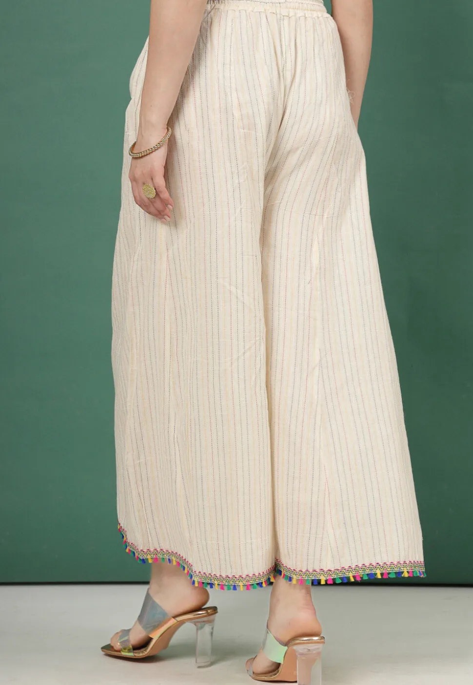 Kantha Embroidered Pure Cotton Palazzo in Cream