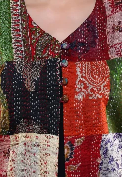 Kantha Embroidered Pure Silk Jacket in Multicolor