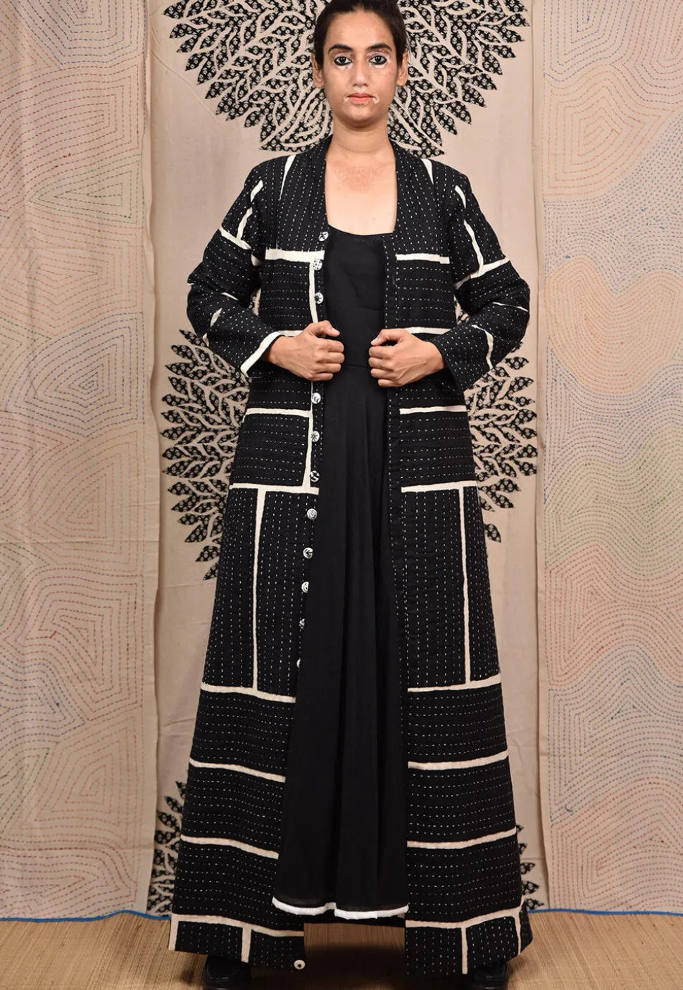 Kantha Pure Cotton Maxi Dress in Black