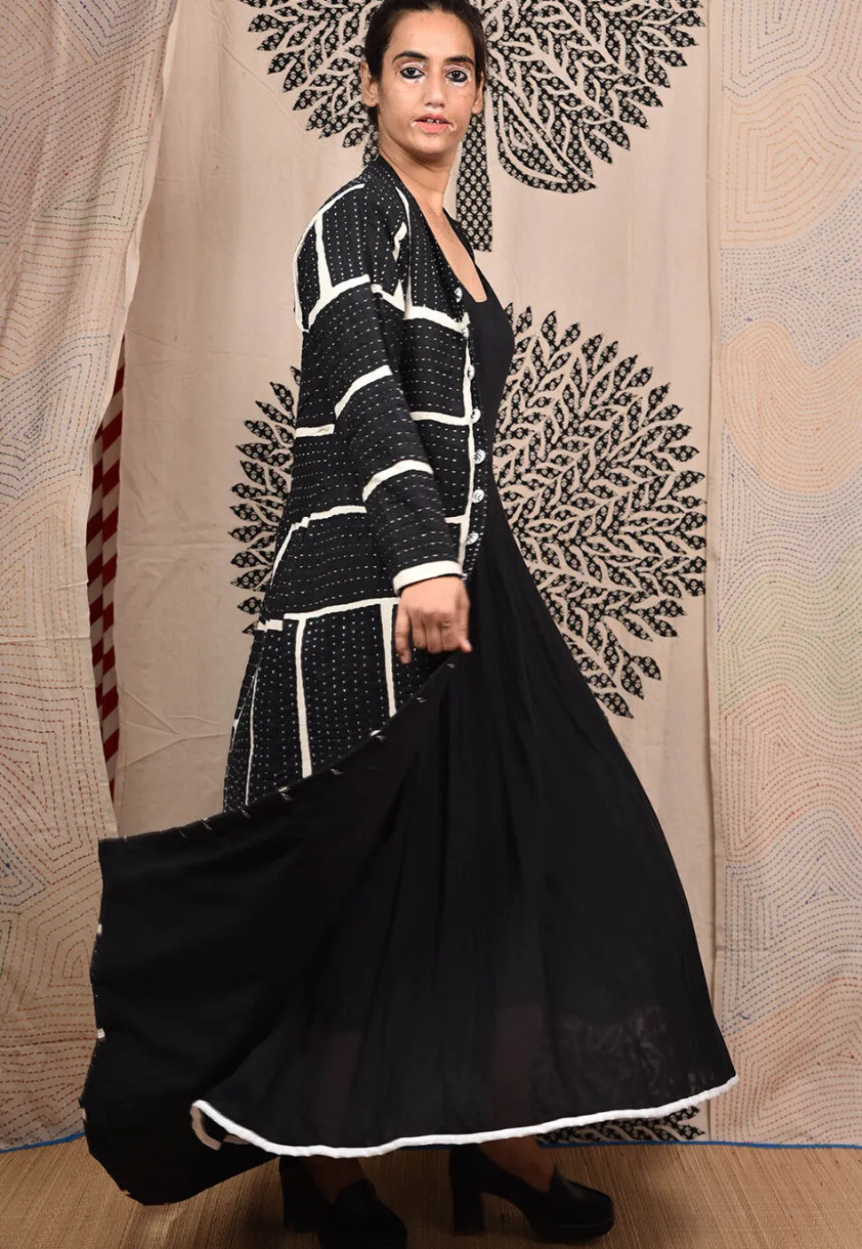 Kantha Pure Cotton Maxi Dress in Black