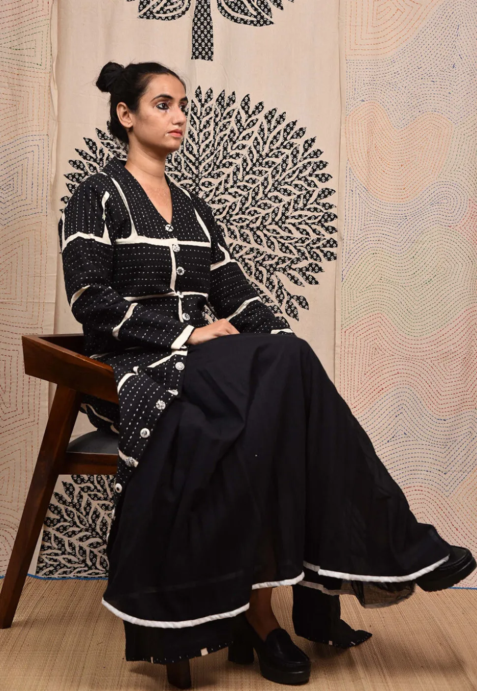 Kantha Pure Cotton Maxi Dress in Black