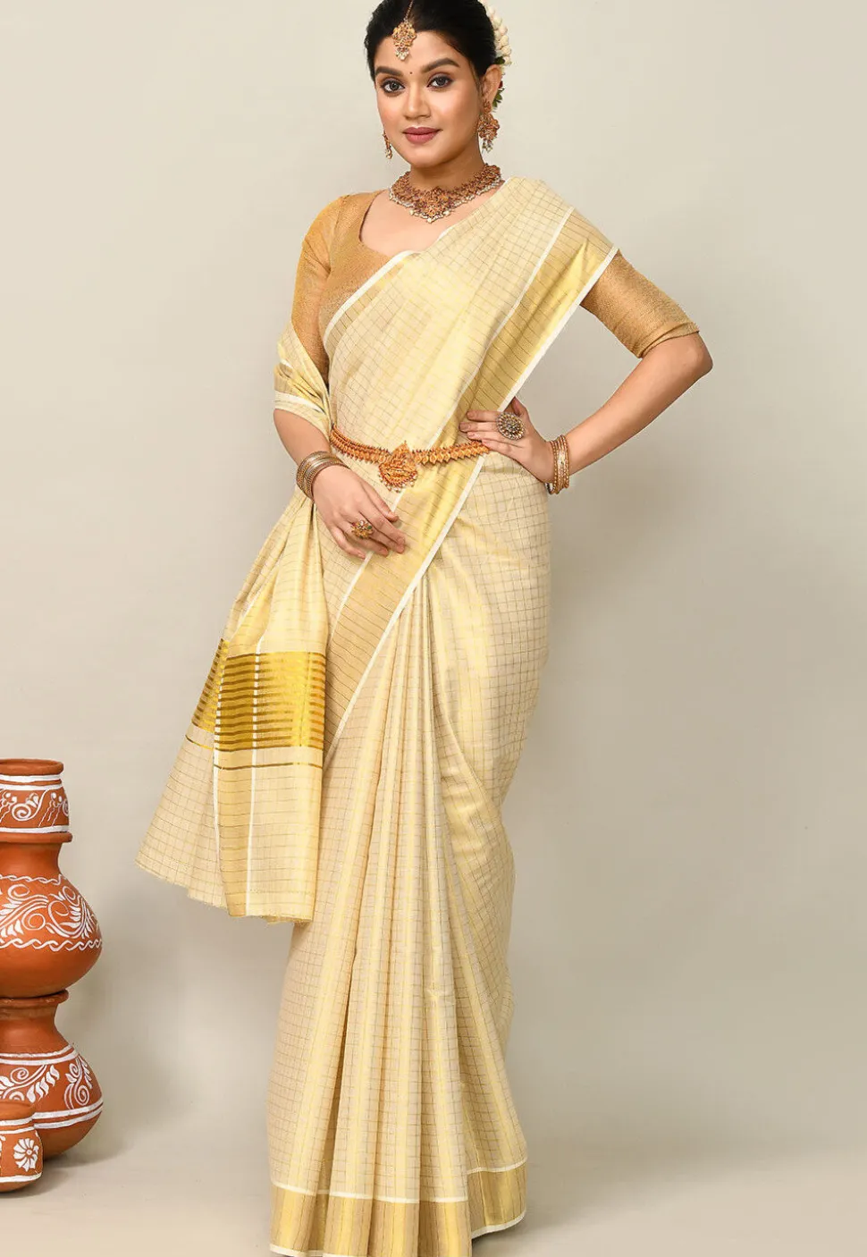 Kerala Kasavu Pure Cotton Saree in Beige