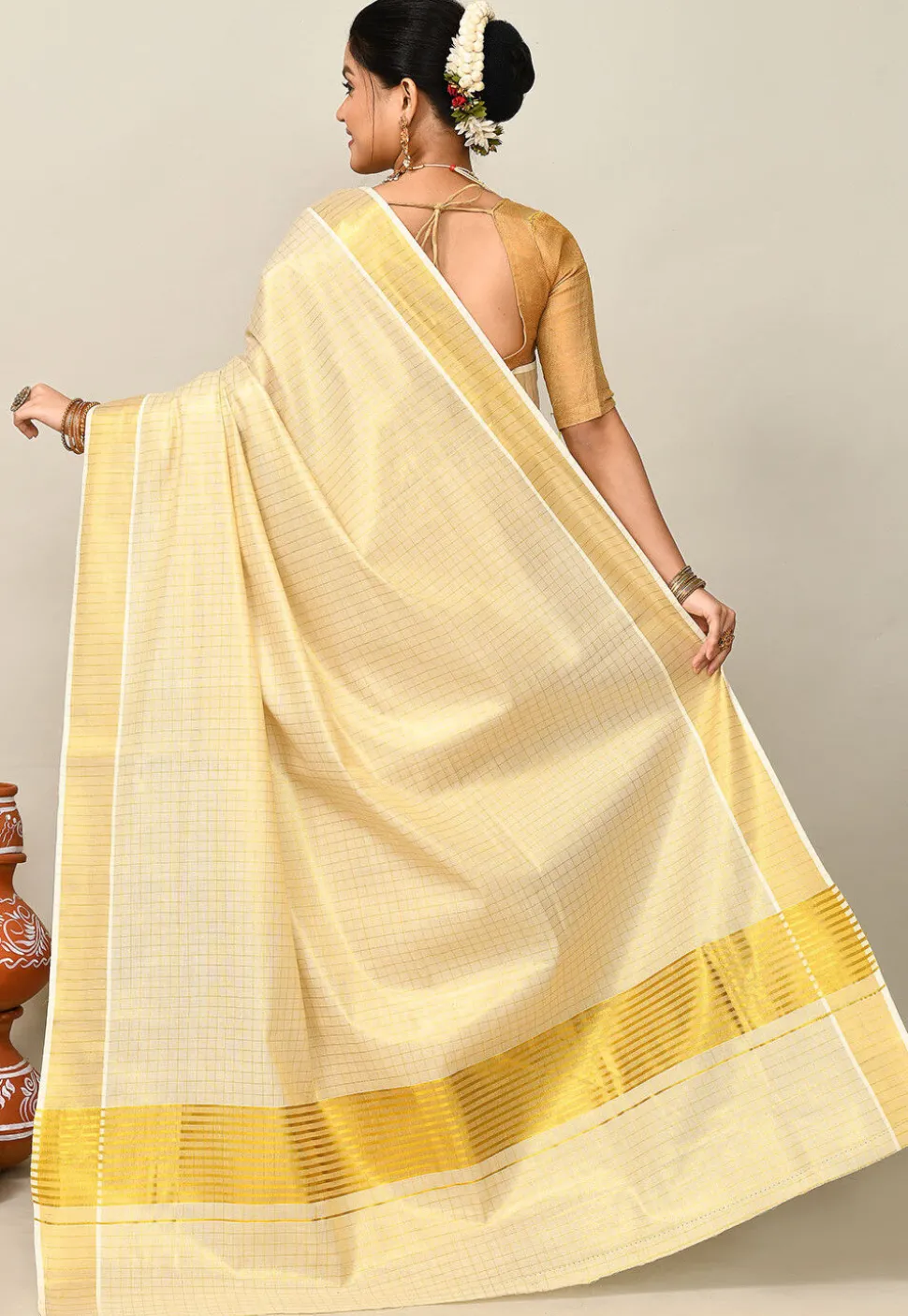 Kerala Kasavu Pure Cotton Saree in Beige