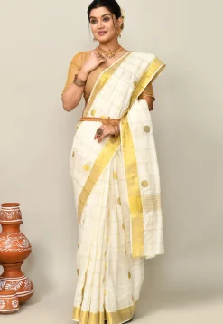 Kerala Kasavu Pure Cotton Saree in Off White