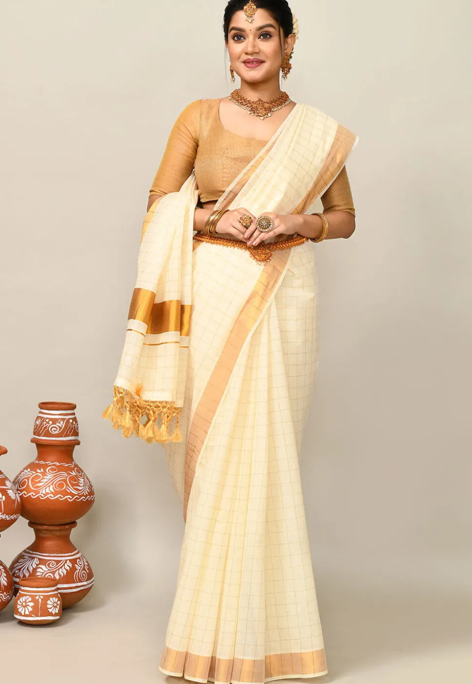 Kerala Kasavu Pure Cotton Saree in Cream