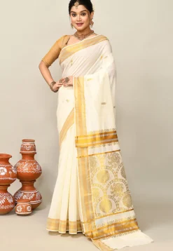 Kerala Kasavu Pure Cotton Saree in Off White