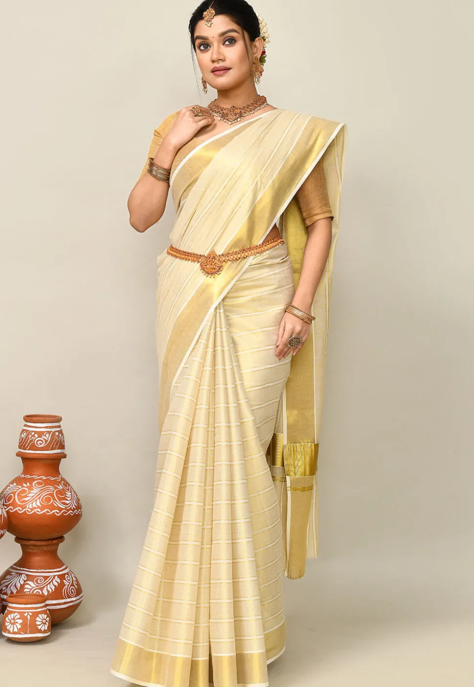 Kerala Kasavu Pure Cotton Saree in Beige