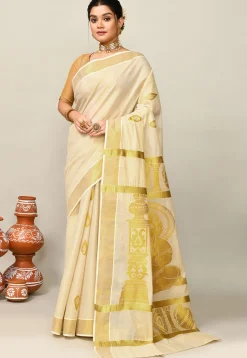 Kerala Kasavu Pure Cotton Saree in Off White