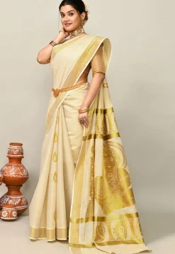 Kerala Kasavu Pure Cotton Saree in Off White