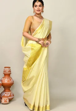Kerala Kasavu Pure Cotton Saree in Light Yellow