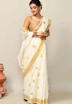 Kerala Kasavu Pure Cotton Saree in Off White