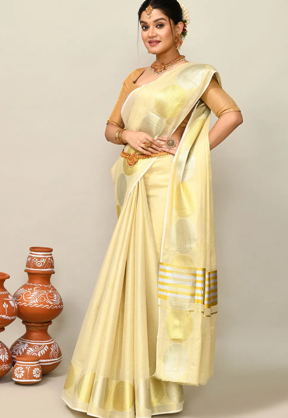 Kerala Kasavu Pure Cotton Saree in Beige