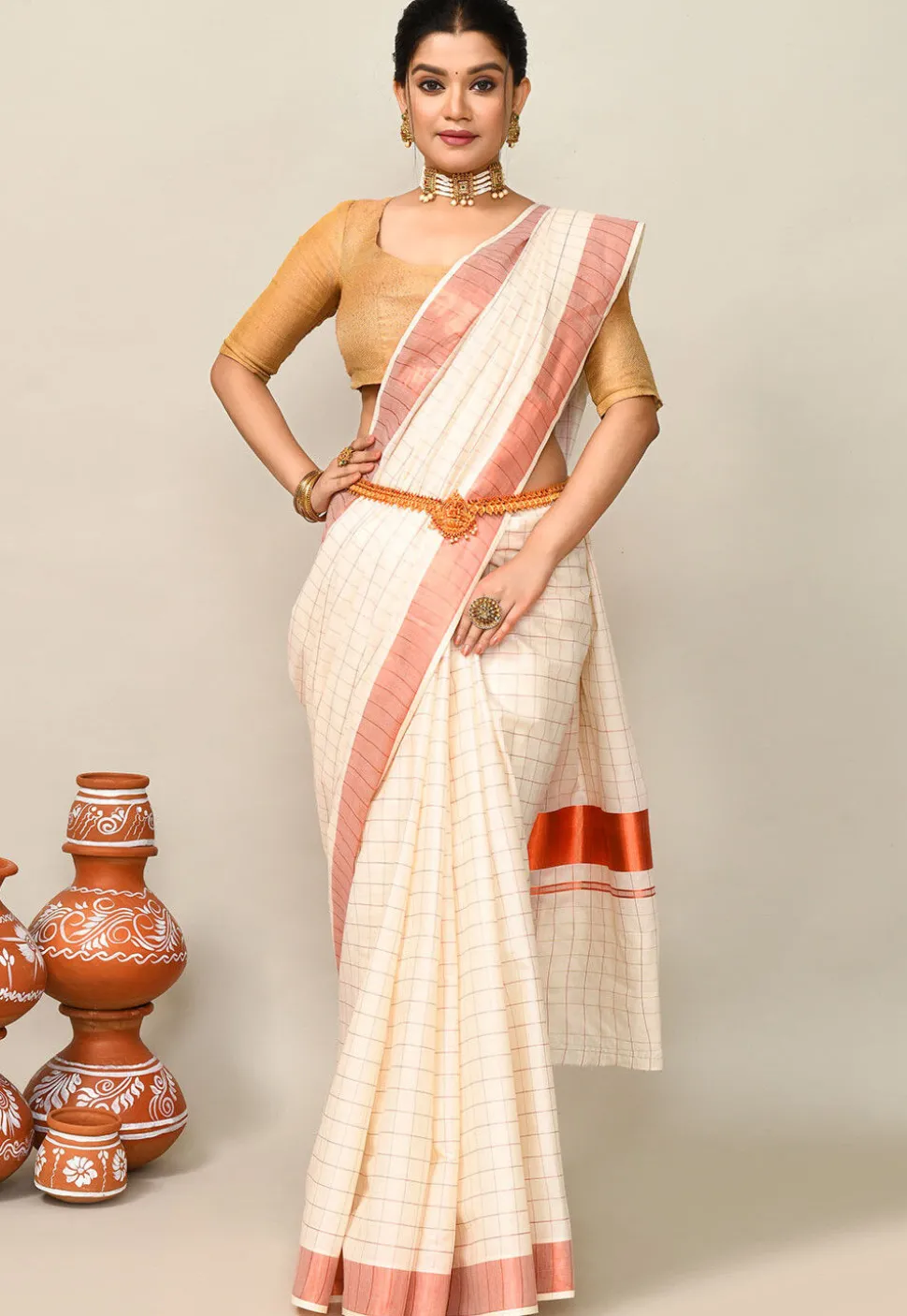 Kerala Kasavu Pure Cotton Saree in Cream