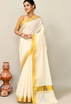 Kerala Kasavu Pure Cotton Saree in Off White