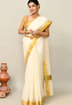 Kerala Kasavu Pure Cotton Saree in Off White