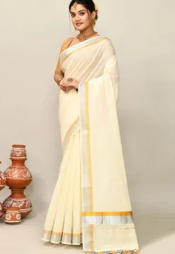 Kerala Kasavu Pure Cotton Saree in Cream