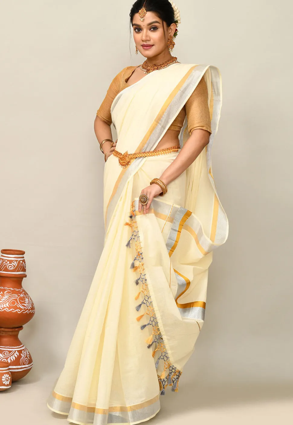 Kerala Kasavu Pure Cotton Saree in Cream