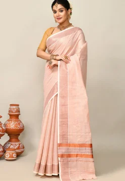 Kerala Kasavu Pure Cotton Saree in Peach