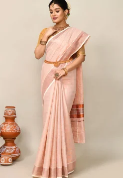 Kerala Kasavu Pure Cotton Saree in Peach