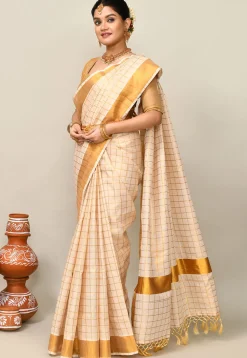 Kerala Kasavu Pure Cotton Saree in Beige