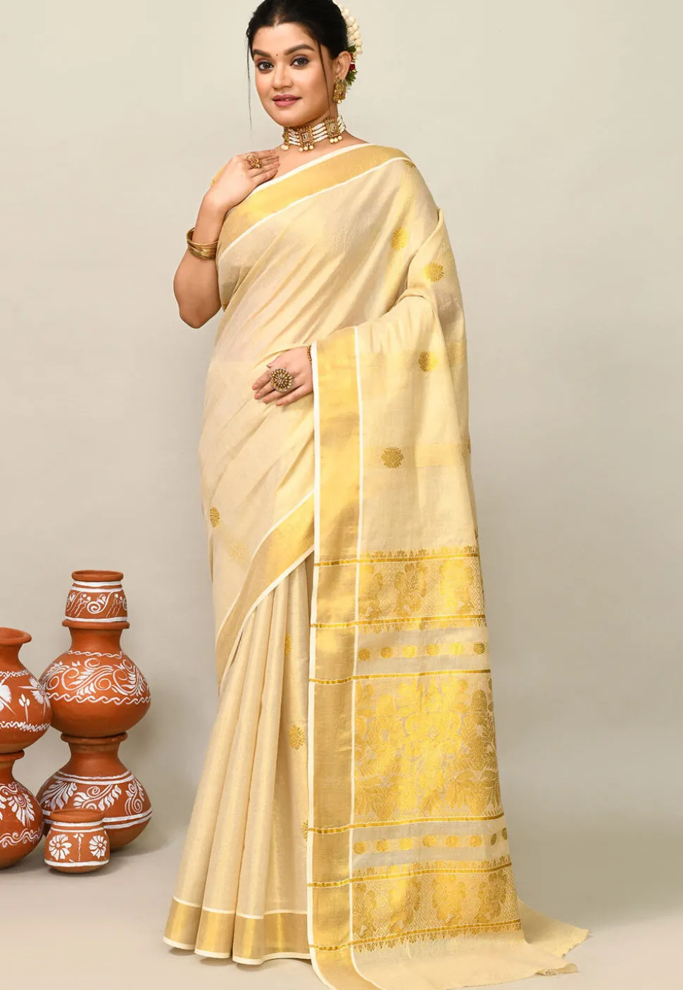 Kerala Kasavu Pure Cotton Saree in Beige