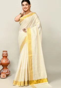 Kerala Kasavu Pure Cotton Saree in Off White