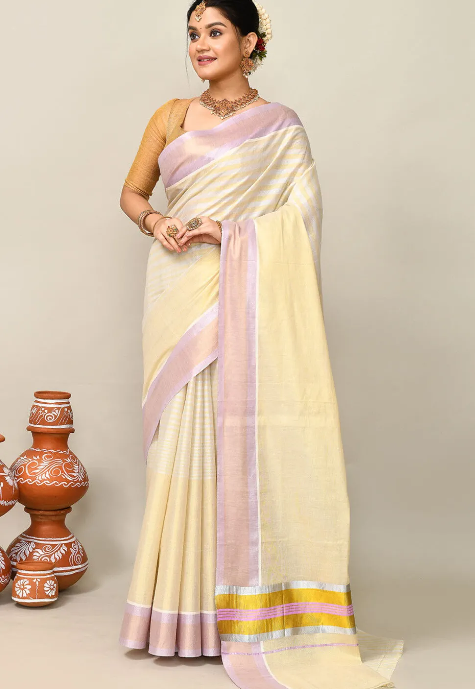 Kerala Kasavu Pure Cotton Saree in Light Yellow