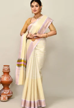Kerala Kasavu Pure Cotton Saree in Light Yellow