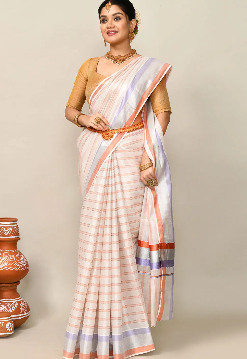 Kerala Kasavu Pure Cotton Saree in Off White