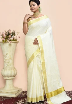 Kerela Kasavu Pure Cotton Saree in Off White