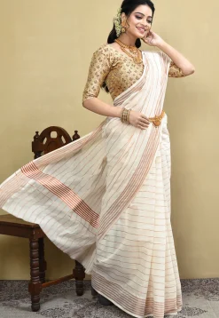Kerela Kasavu Pure Cotton Saree in Off White