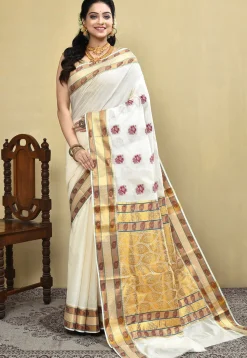 Kerela Kasavu Pure Cotton Saree in Off White